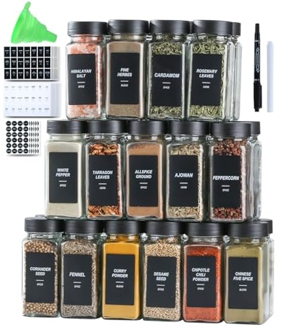 Spice Jars with Labels£¬4oz Black Seasoning Containers Jars Bottles with Shaker Lids for Rack, Cabinet, Drawer,Empty Square Condiment Pots (48)