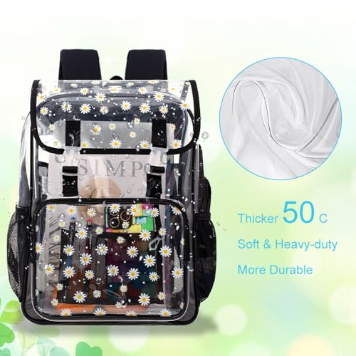 17" Daisy Clear Backpack for Girls - 3Pcs Flip Design Stadium Approved Set, Waterproof Campus/School Transparent Bookbag (Black)3