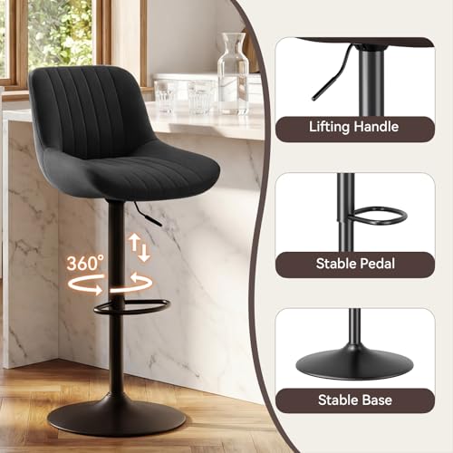 Image of Nalupatio Bar Stools Set of 2, Adjustable Modern Swivel Bar Stools with Backs, Counter Height Performance Fabric Island Chairs for Home Kitchen, Black