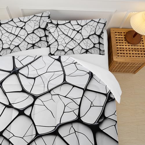 Image of Black and White Modern Art Striped Comforter Set King Size,Black and White Checkered Bedding Set King,with 1 Comforter with 2 Pillow Case,Modern Art Bedroom Decor