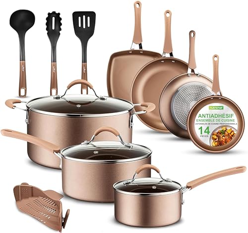 NutriChef Batterie de Cuisine Antiadhésive, Poele et Casserole Induction, Comprenant Casseroles, Poêles, Cocotte, Couvercles et Ustensiles de Cuisine, 14 Pièces