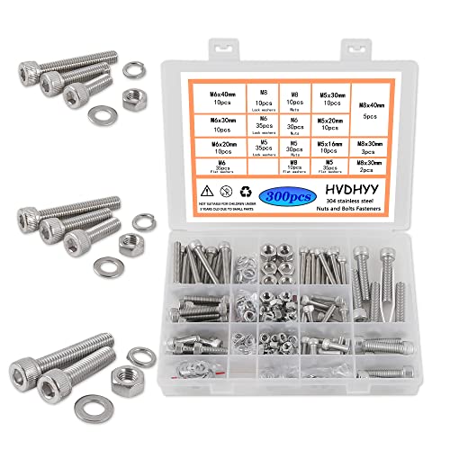 HVDHYY M5 M6 M8 Nut and Bolt set Machine Screws & Nuts Assortment kit 304 Stainless Steel Hex Socket Button with a Reusable Storage Box (300pcs)