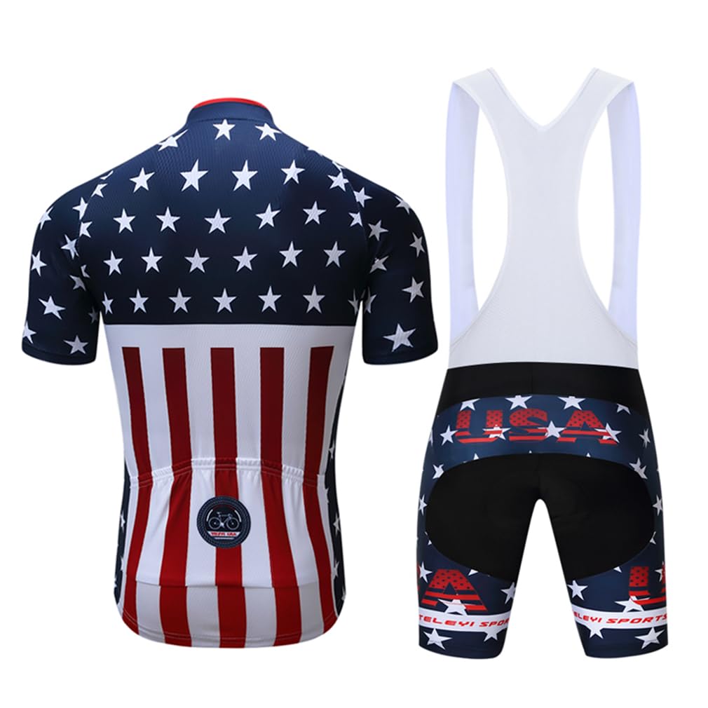 Shenshan Men's Summer USA Short Sleeve Cycling Jersey Bib Shorts Set Blue-White L