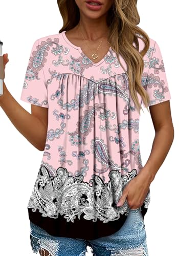KISSMODA Tops for Womens Summer Cute Short Sleeve Shirts Trendy Notched Neck Blouses Casual Loose Pleated Tunics S-3Xl