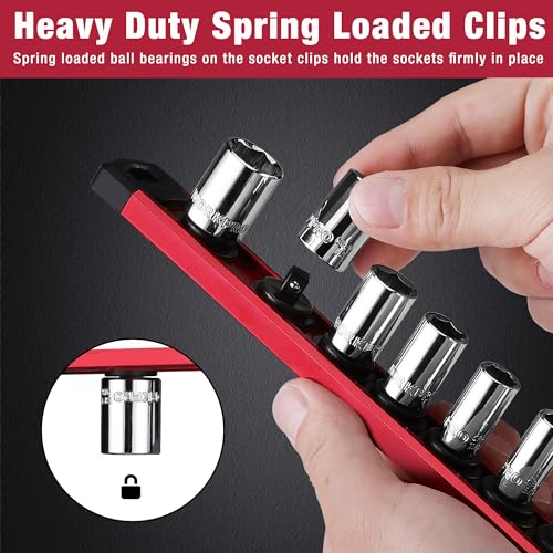 Image of WORKPRO Magnetic Socket Organizer, Heavy Duty 1 /4-Inch Drive Socket Rail | Aluminum Alloy, 12 Pieces Clips, Rotatable & Movable Clips, Efficient Organization