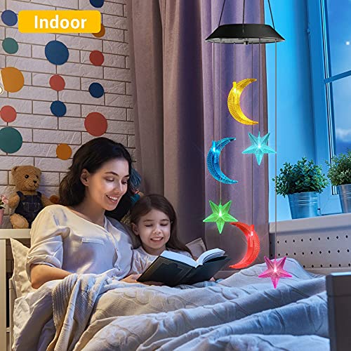 Image of Toodour Solar Wind Chimes, Color Changing Wind Chimes Moon and Star, LED Decorative Mobile, Gift for Mom Grandma, Waterproof Outdoor Moon Star Light for Garden, Patio, Yard, Window Outdoor Decor