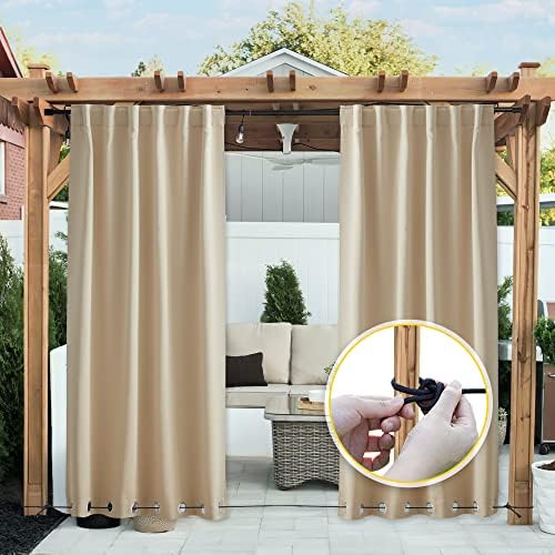 NICETOWN Outdoor Curtains 84 Inches 2 Panels for Gazebo, Waterproof Light Blocking Thermal Insulated Grommet Top Back Tab Bottom Weighted with Fixed Rope, Biscotti Beige, 52 Inches Width — view 8