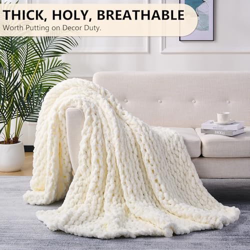 L'AGRATY Chunky Knit Blanket Throw: 80''x90'' Chenille Chunky Knitted Throw Blanket for Bed Couch - Handmade Thick Big Cable Knit Blanket - Large Chunky Crochet Blanket for Home Decor(Cream White)