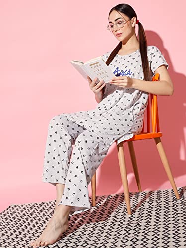 Image of Printed Round Neck Short Sleeve Nightsuit Set | Casual Night Dress for Women