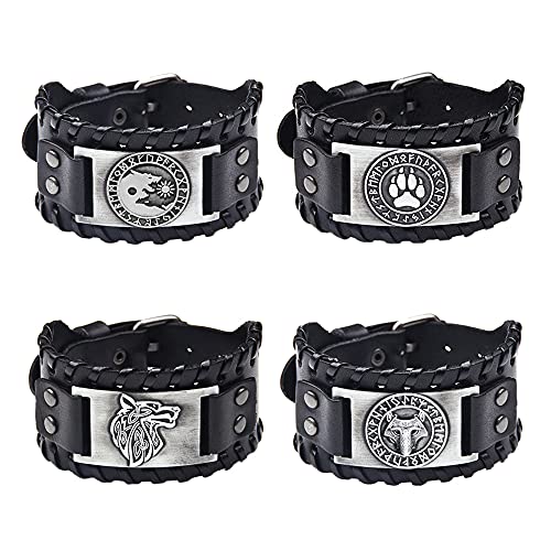 TURTLEDOVE 4 PCS Viking Leather Bracelet - Medieval Leather Cuff Wristband of Wolf Fenrir