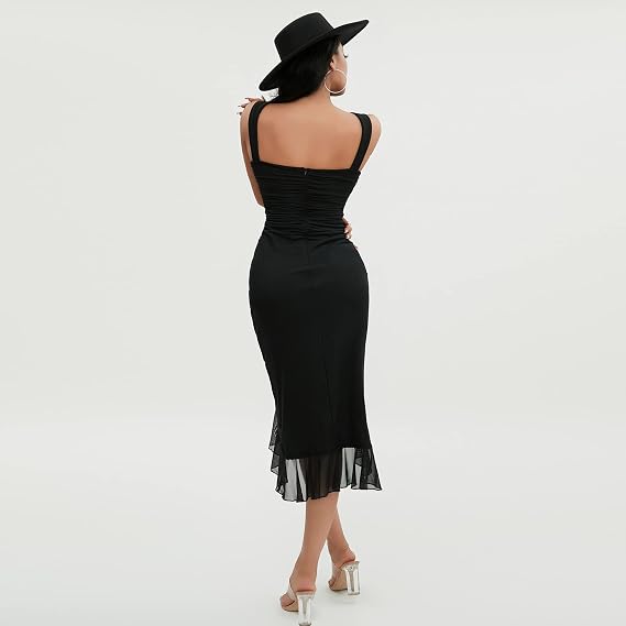 Honganda Women's Elegant Bodycon Midi Dress Sleeveless Mesh Frill Hem Mermaid Tail Summer Tank Dress Cocktail Party