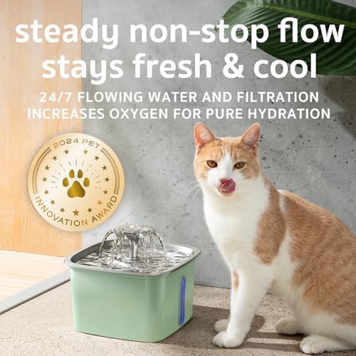 Image of Veken Innovation Award Winner Stainless Steel Cat Water Fountain, 95oz /2.8L Automatic Pet Fountain Dog Water Dispenser with Replacement Filters & Silicone Mat for Cats, Dogs, Multiple Pets (Tea Green)
