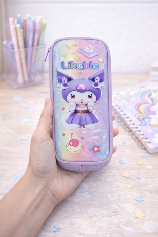 Image of Kids Cute Cartoon Printed Hard Case Pencil Pouch with Zipper Large Capacity School Stationery Organizer Box for Girls Durable Glitter Pen Pencil Case Storage Bag