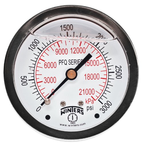 Image of Winters 2-1 /2 inch Dial Size, Liquid Filled Industrial Pressure Gauge, Brass Internals, Stainless Steel Case, Dual Scale 0-3,000 psi /kPa, 1.5% Acc, 1 /4 inch NPT Back Mount, Glycerin Filled Pressure Gauge