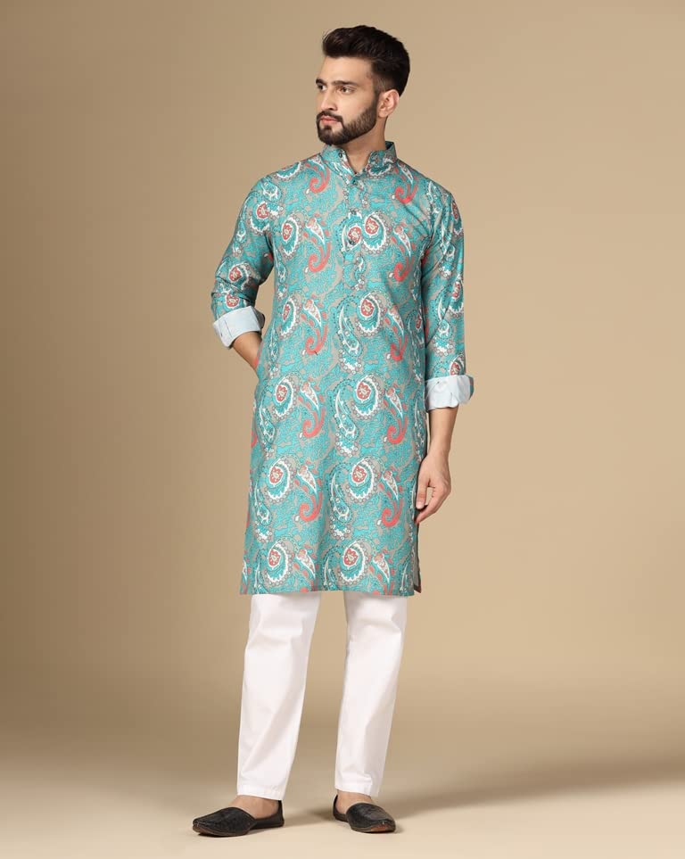 Image of Leriya Fashion Rayon Printed Regular Men's Kurta (LF-M144 Green1