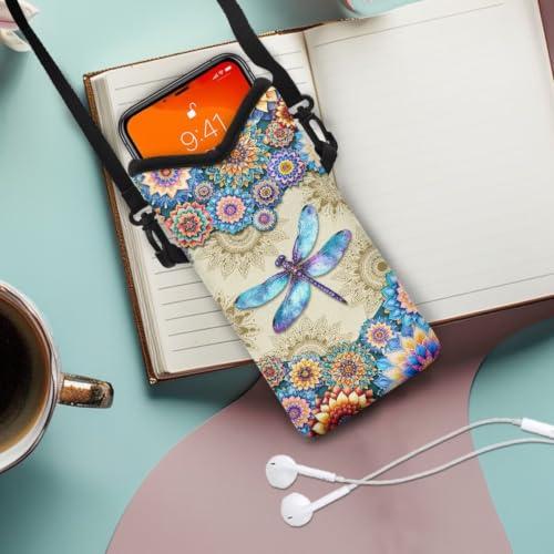 Image of Cross Body Phone Bag for Women Men Water-Resistant Phone Bag Small Crossbody Bag Protective Smartphone Case Pouch Cellphone Pouch Purse Bag, 8 x 4 Inch, Boho Dragonfly Flower Print