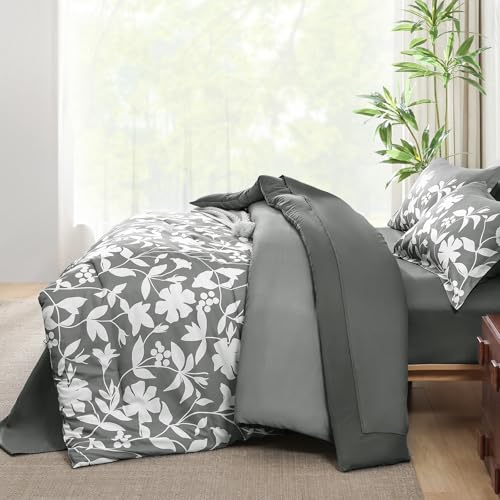 Dintszyayue Grey Comforter Set Queen Size, 7 Pieces Floral Bed in a Bag for Queen Size Bed, Soft Microfiber Flower Leaves Bedding Set for All Season - Image 5