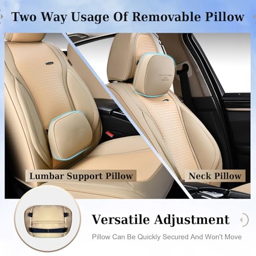 Image of Coverado Seat Covers, Car Seat Covers Front Seats, Waterproof Nappa Leather Auto Seat Cover with Lumbar Head Pillow, Beige Seat Covers Carseat Cover Universal Fit for Most Cars