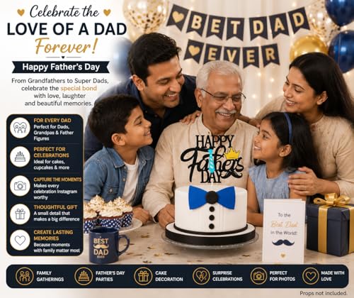 Image of Festiko Happy Father's Day Cake Topper for Dad Birthday Decoration, Best Dad Ever Cake Topper with Crown & Tie Design, Double Sided Black Glitter 350 GSM Party Supplies India