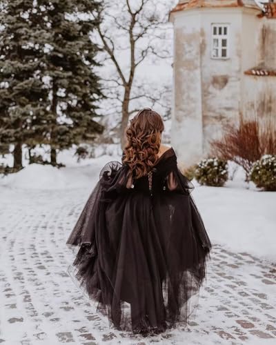 Youjiayi Gothic Long Sleeve Wedding Dresses for Women Puffy Tulle Bridal Gown with Train A-Line Lace Wedding Gown for Bride2