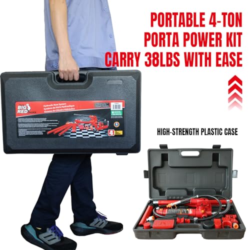 Image of BIG RED 4 Ton Porta Power Kit, 17-Pcs Hydraulic Ram Auto Body Frame Repair Kit With Blow Mold Carrying Storage Case, 8000 Lbs Capacity,Red, T70401S Torin