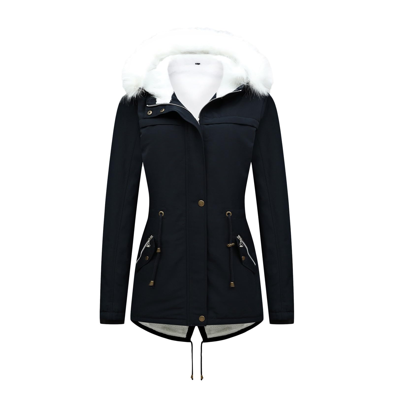 Abbigliamento Donna Cappotto Lungo in Pile Pesante, Caldo, Invernale, con Cappuccio Finto, Taglie Forti Business Meeting