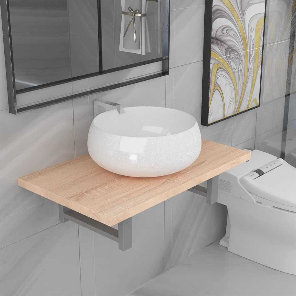 Dębowy brązowy ceramiczny zestaw mebli łazienkowych z okrągłą umywalką i regałem ściennym, 2-częściowy zestaw mebli łazienkowych ceramika dąb brązowy z półką ścienną do łazienki