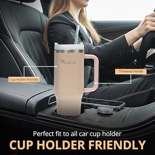 Image of 30 oz Tumbler with Handle and Straw, Vacuum Insulated Stainless Steel Travel Mug, Leakproof Large Cup Keeps Drinks Cold for Hours, Fits Car Cup Holder, Beige