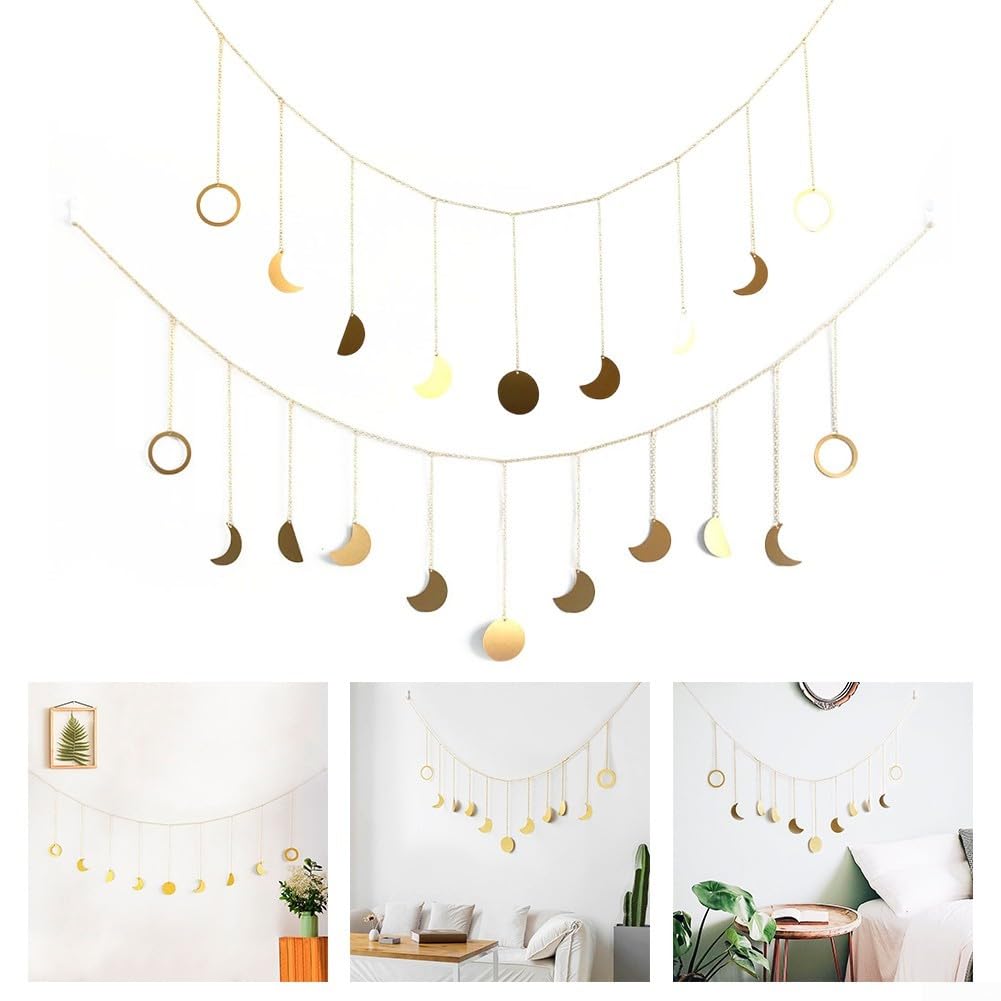 Metal Moon Phase Wall Hanging Garland, Boho Aesthetic Decor for Astrology Fans, Suitable for Bedroom, Living Room, Fireplace, and Window Decoration (large)