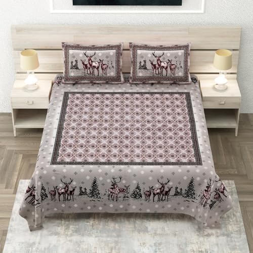 Image of 240 TC 100% Cotton Bedsheet for Double Bed King Size with 2 Pillow Covers | Breathable & Super Soft Rajasthani Sanganeri Jaipuri Printed Bed Sheet -108 * 108 Inches (Deer 1)