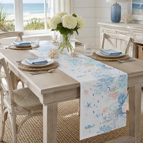 Image of Coastal Beach Table Runner, Watercolor Starfish Seashell Coral Pattern Faux Linen, Nautical Ocean Dining Decor for Summer Home Party 13x120 Inch