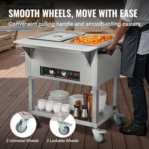 Image of VEVOR 2-Pan Commercial Food Warmer, 2 x 20.6QT Electric Steam Table, 1000W Professional Buffet Catering Food Warmer with 4 Wheels (2 Lockable), Food Grade Stainless Steel Server for Party Restaurant