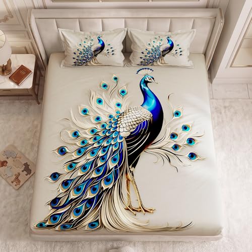 Image of 240 TC Cotton Double Bedsheet for King Bed (225x250 Cm) | 7D Digital Printed Double Bedsheet with 2 Pillow Covers | Soft, Wrinkle Packaging - Peacock