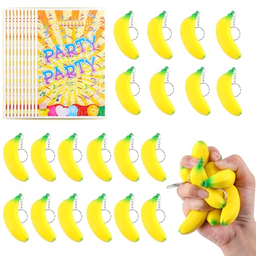 Anboor 20 juguetes de estrés de plátano con llaveros y 10 bolsas de fiesta, plátanos elásticos, juguetes fieles para aliviar el estrés, mini apretón de fiestas para adultos y niños