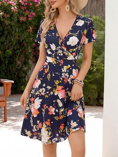Image of MSBASIC Womens Summer Wrap V Neck Casual Dresses Floral Short Sleeve A-Line Midi Sundress
