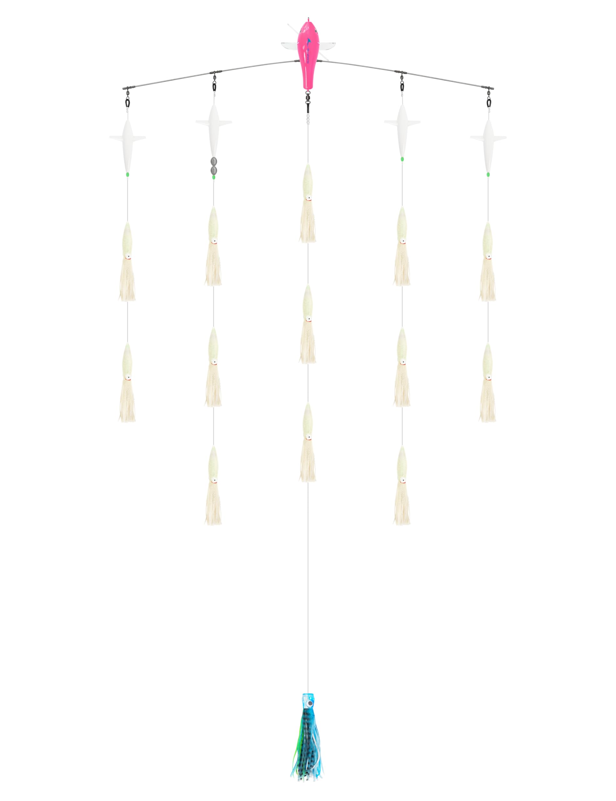 BLUEWING 36in Upgraded Fishing Spreader Bar Port Canyon with 6in Floating Squids, Trolling Birds, Big Game Trolling Lure and 316 Stainless Steel Rod for Wahoo Tuna Marlin Mahi Mahi, Luminous