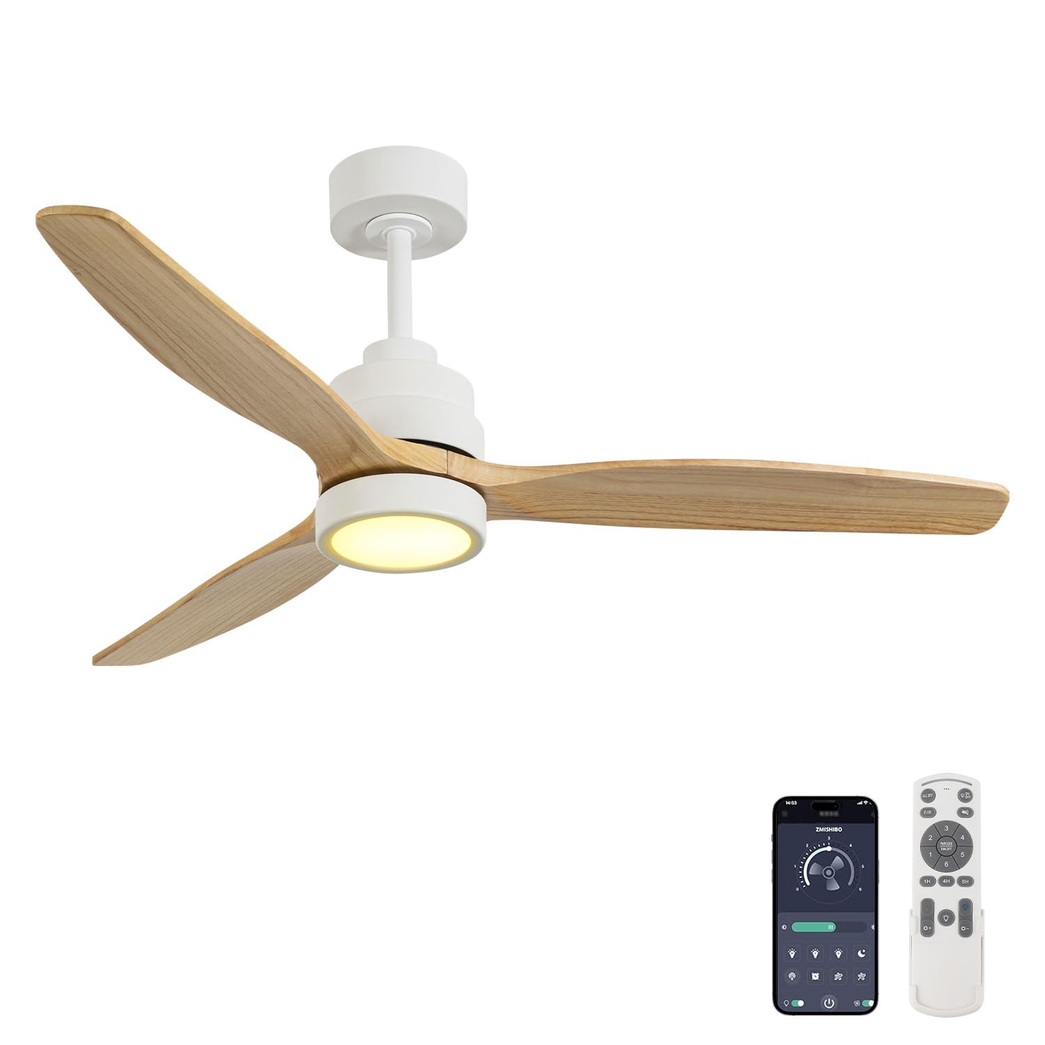 Ventilador de Techo con Luz LED y Mando a Distancia – Motor DC Silencioso 30W, 3 Palas de Madera Maciza, 6 Velocidades, Temporizador, Control Bluetooth, Oscilación– Ideal para Salón/Dormitorio