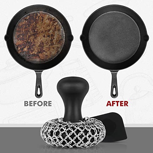 Cast Iron Scrubber + Pan Scraper - 316 Chainmail Scrubber Cast Iron Cleaner with Silicone Handle for Cast Iron Grill Pan Skillet Wok Bakeware - Comfortable to Hold - Easy to Use Dishwasher Safe, Black