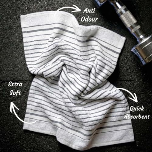 Image of Athom Living Premium Hand Towels- Cotton, 400 GSM, Ultra Soft, Quick Dry, Highly Absorbent | for Hand, Kitchen and Gym | 60 * 40 cm, Pack of 4 (White with Grey Stripes)