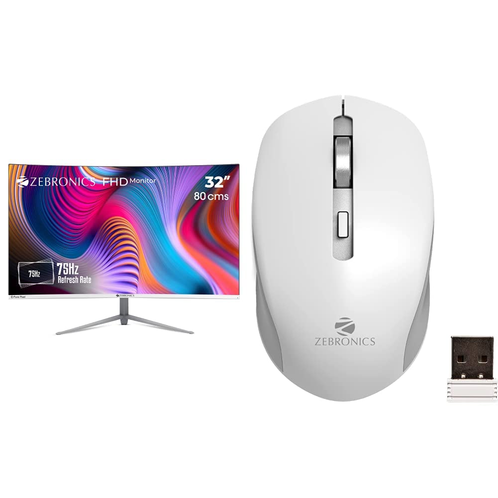 ZEBRONICS AC32FHD LED Curved 75Hz & Zeb-Jaguar Wireless Mouse, 2.4GHz with USB Nano Receiver, High Precision Optical Tracking, 4 Buttons, Plug & Play, Ambidextrous, for PC/Mac/Laptop (White+Grey)