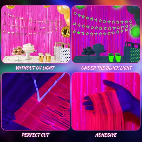 Image of 2 Pack Glow in The Dark Party Streamers, Neon Party Decorations Fluorescent Macaron Fuchsia Tinsel Foil Fringe Curtains, Photo Booth Prop Backdrop Streamers, Birthday Halloween Party Decorations
