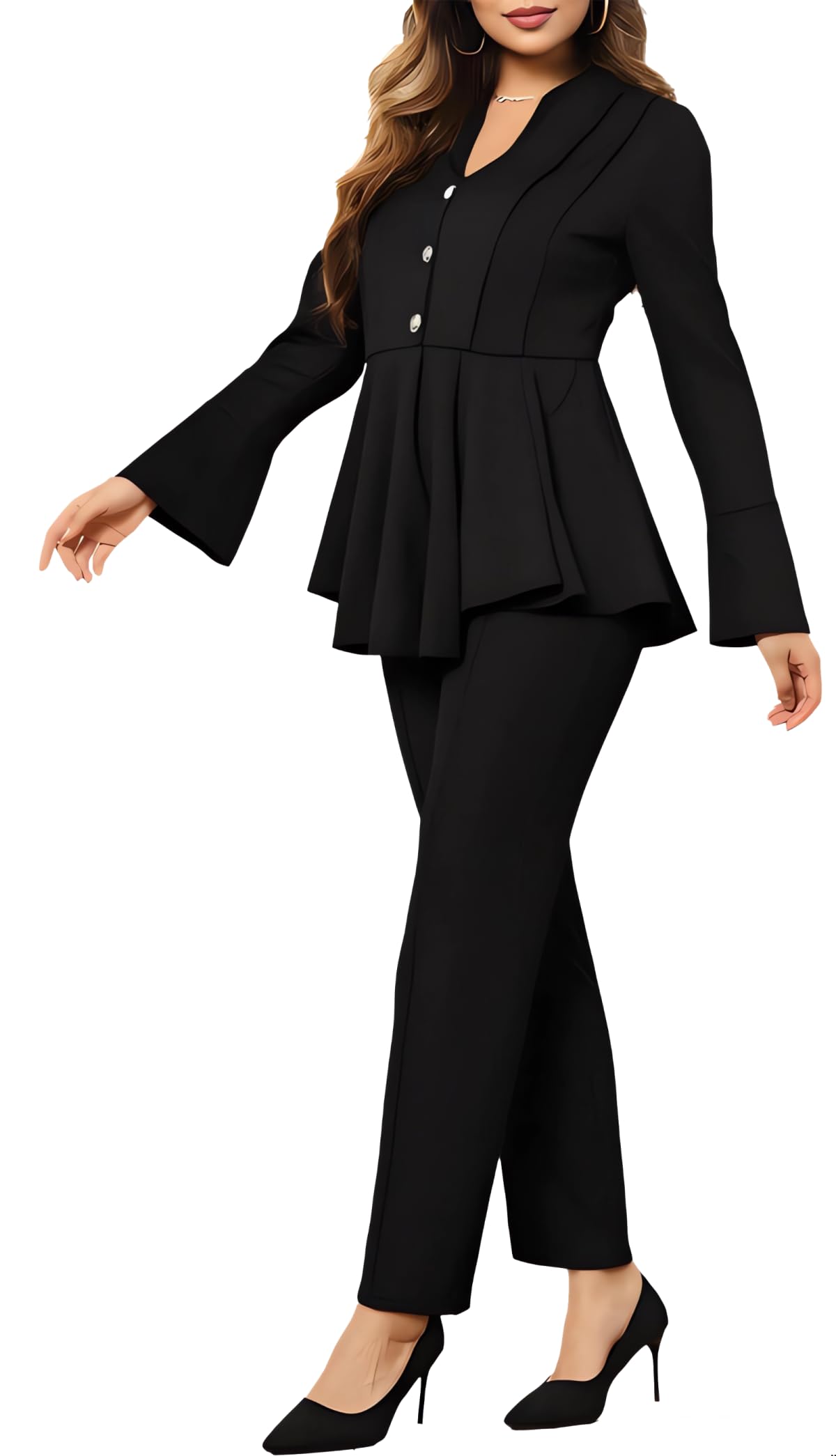 Women Pants Suits 2 Piece Business Long Bell Sleeve Button Peplum Hem Blazer Pants Set