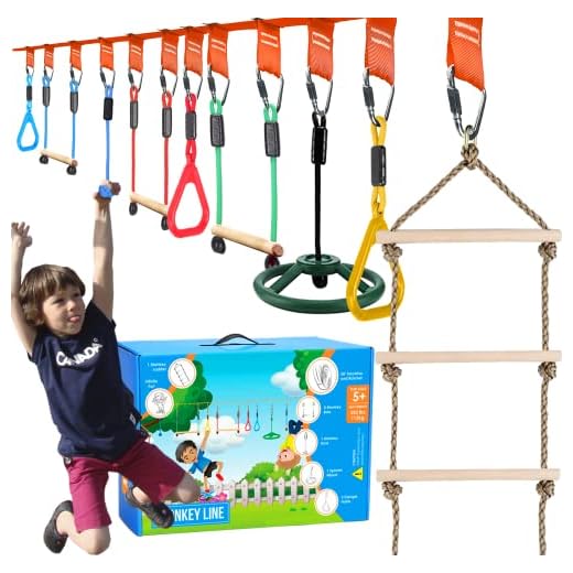 Ninja Warrior Obstacle Course for Kids - 50' Ninja Slackline 8 Obstacles – Ninja Line Slackline Obstacle Course for Kids – Ninja Warrior Training Equipment for Kids Monkey Bars, Ladder & More!
