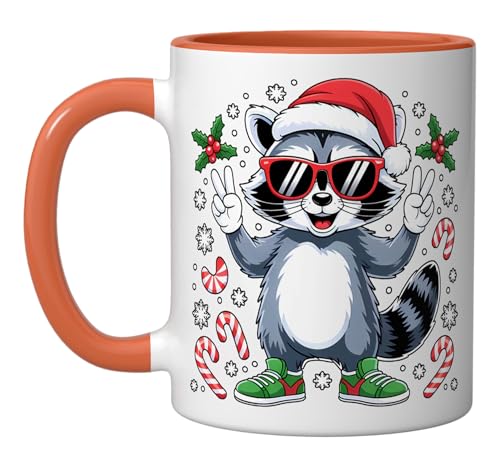 Raccoon Christmas Peace Meme Ceramic Mug, Orange/White