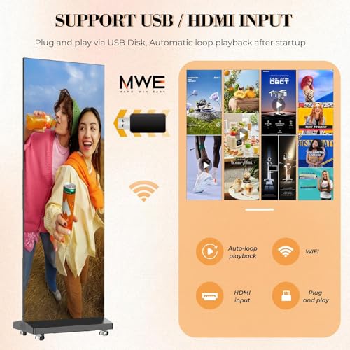 Image of MWE 80 inch LED Digital Signage Display with Flight Case, P1.86 Spliceable LED Poster Screen with Publishing System, Foldable Advertising Display Kiosk for Events, WiFi /USB /HDMI (1 Panel), Black