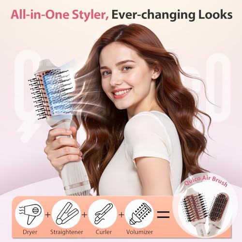 Image of Hair Dryer Brush, Quico 4-in-1 One-Step Ionic Oval&Flat Brush Hot Air Brush | Pro Blow Dryer Brush Set with Detachable Blowout Brush for Salon Blowout, Curl, Volumize and Straighten, Anti-frizz, Pink