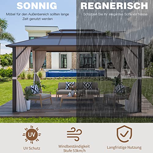 EROMMY 4 X 3 m Pavillon Doppeldach Alu Wasserdicht mit Vorhang-Seitenteile und Netz, Wetterfest Gartenpavillon Stabil Aluminiumrahmen Polycarbonat Partyzelt Hardtop für Garten, Terrasse