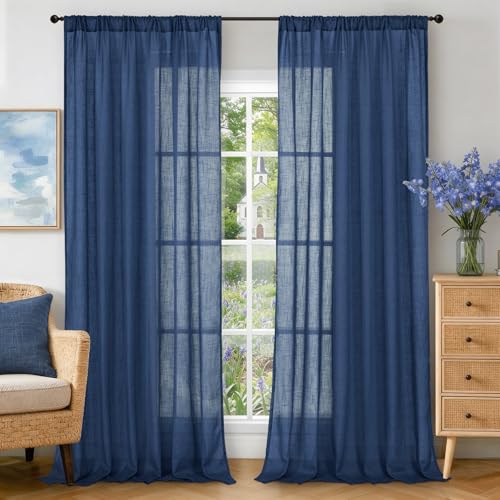 Image of BGment Linen Navy Blue Curtains 90 Inch Length for Living Room, Semi Sheer Window Drapes Lightweight for Dining Room Bedroom Decor Light Filtering with Rod Pocket, 2 Panels Set, Each 52 Inch Wide