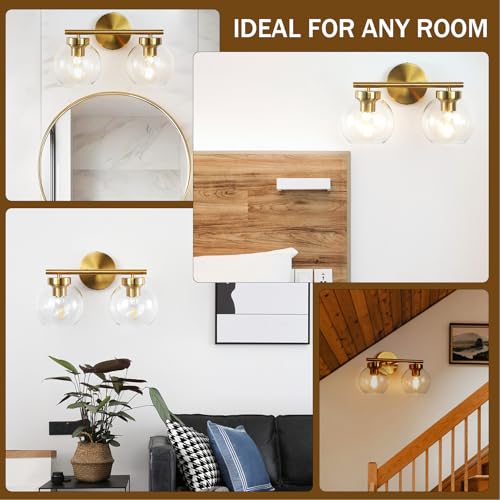 Image of Gold Vanity Light, 2 Light Bathroom Vanity Light with Clear Globe Glass Shades, Modern Bathroom Light Fixture Over Mirror, Brass Wall Sconce Light for Bedroom Restroom, E26 Socket