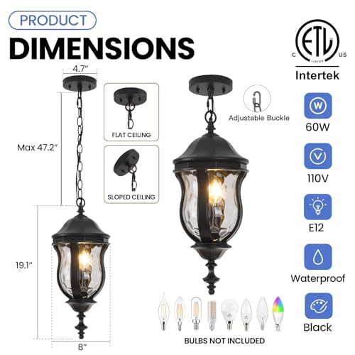 Image of Large Outdoor Pendant Light, 19'' Black Hanging Lantern Porch Light